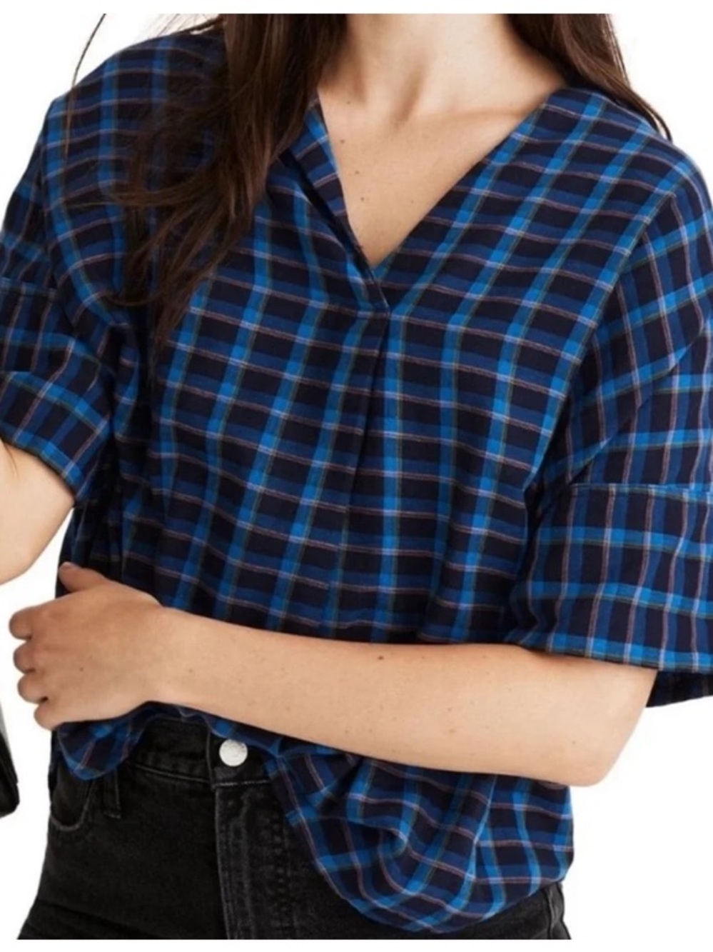 Madewell Blue Plaid V-Neck Short Sleeve Tunic